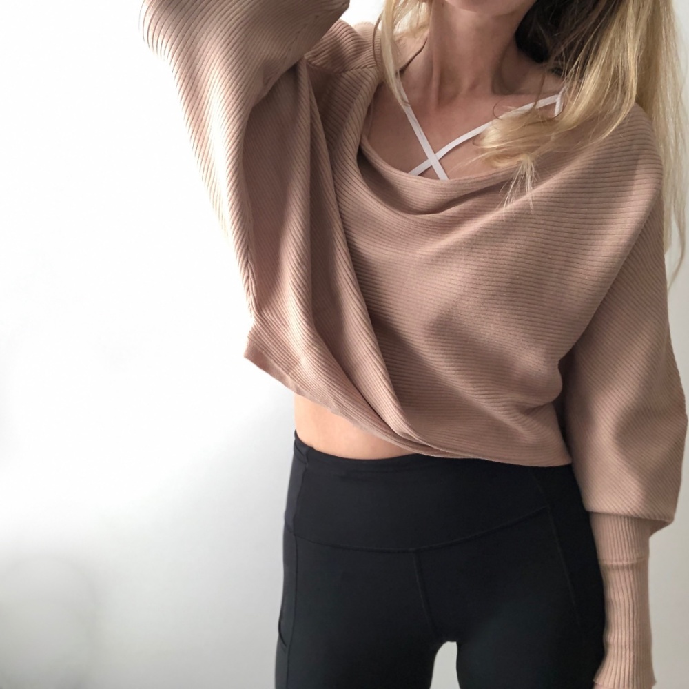 Off Shoulder Sand Ribbed Knit Pullover - Picture 6 of 8